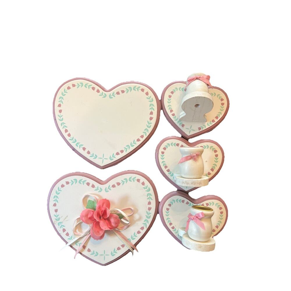 Heart Hanging Candle holders w/ small pink ribbon bow Cottagecore sconces Set 5